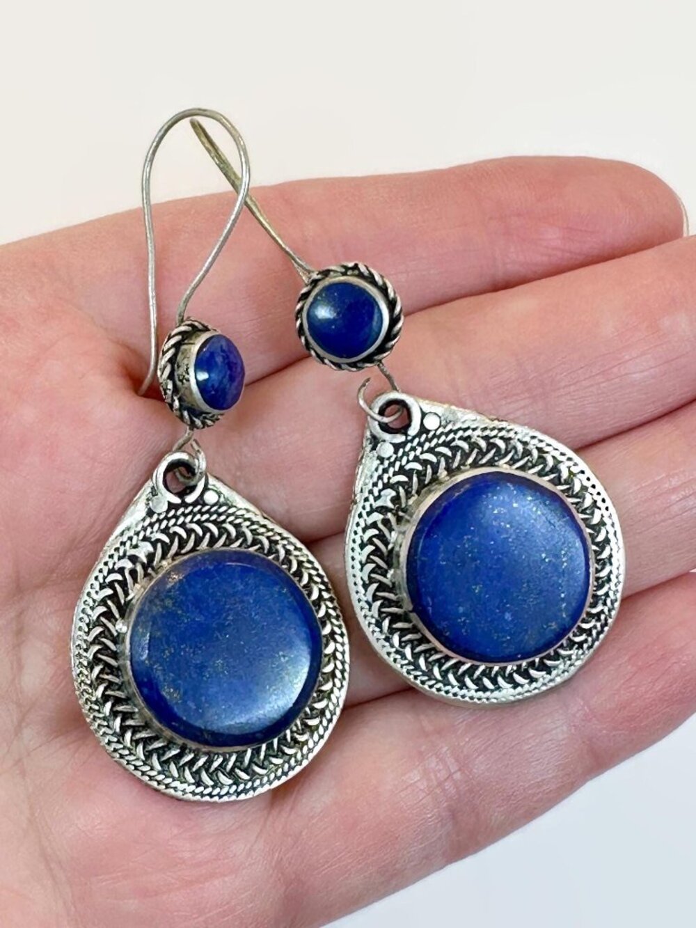 Vintage Lapis Earrings, Silver Tone, Blue Stone, Middle Eastern, Boho, Afghan
